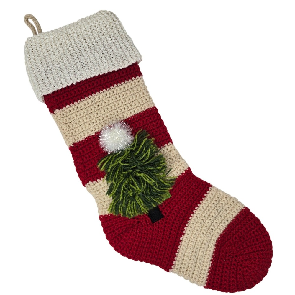 Crate & Barrel Hand-Knit Shaggy Tree Stocking Christmas Red Wool Holiday Decor